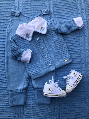 Saida maternidade menino tricot azul bebê 5 peças completa