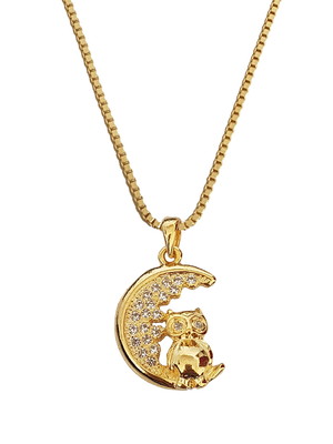 Colar cordão pingente lua coruja folheado ouro 18k. c3p482