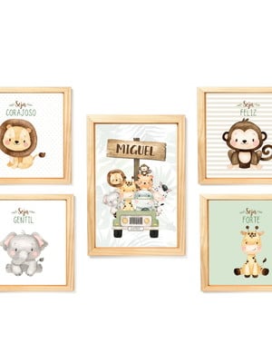 Kit com 5 quadros decorativos - safari aquarela