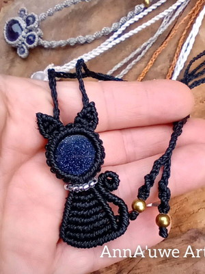 Colar gato preto macramê pedra da estrela anna