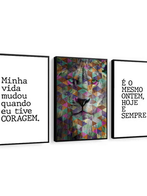 Quadro decorativo leão frase motivacional com moldura