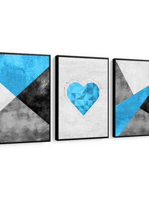 Quadro decorativo abstrato coração azul com moldura