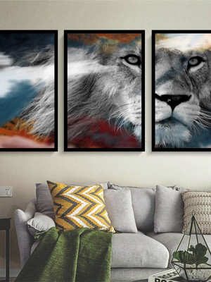 Quadro decorativo leão preto e branco com manchas coloridas