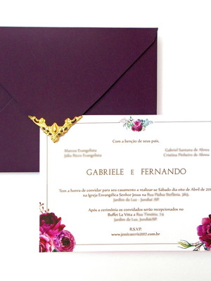 Convite de casamento com lacre - floral marsala