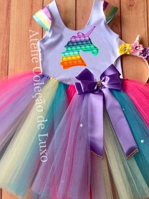 Conjunto tutu do pop it unicórnio colorida para festas