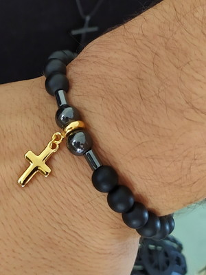 Pulseira pedras naturais onix fosco e hematita cruz