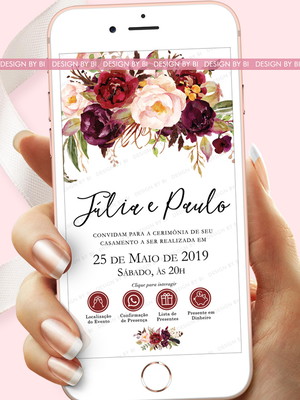 Convite casamento virtual interativo marsala whatsapp
