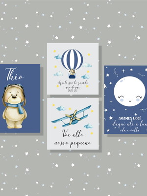 Kit com 4 placa decorativa infantil urso aviador em mdf