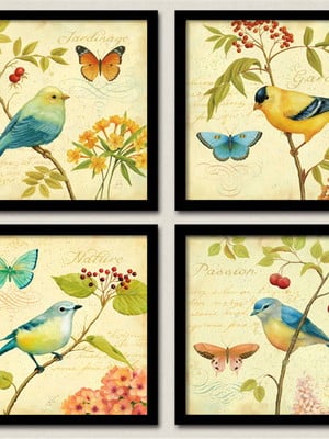 Conjunto 4 quadros passaros vintage coloridos decoração