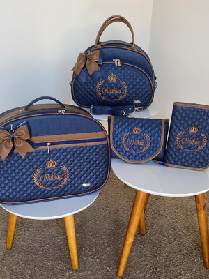 Kit bolsas maternidade personalizadas azul marinho e caramel