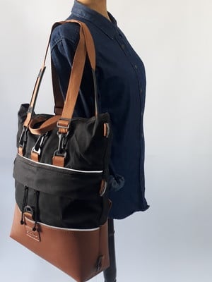 Mochila alforge tote transversal mensageiro preta e caramelo