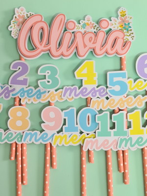 Kit topos de bolo mesversário bebê personalizado flores