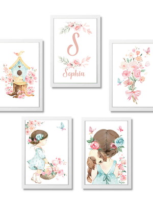 Kit 5 quadros decorativos menina aquarela