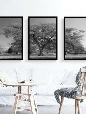 Quadro decorativo árvore paisagem preto e branco com moldura