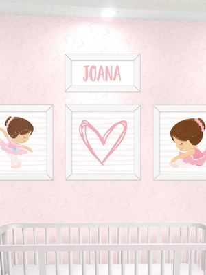 Quadro decorativo menina bailarina coração rosa com nome