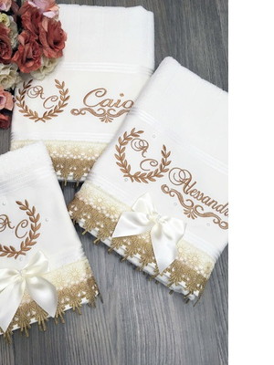 Jogo de toalha luxo casamento bordado nomes com renda 4 pçs