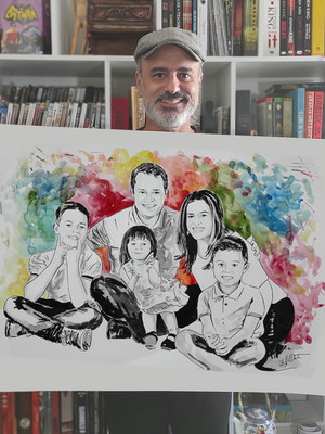 Desenho realista grande - pintura retrato 5 pessoas