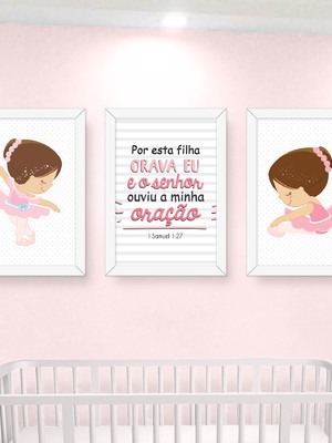 Kit 3 quadros decorativos quarto menina bailarina rosa