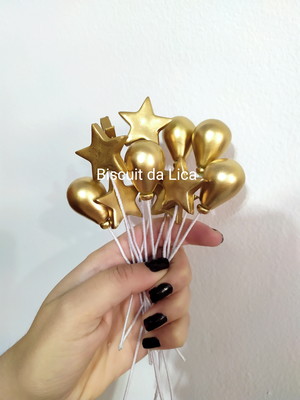Kit cake ballons topo mini estrelas/balões dourado biscuit