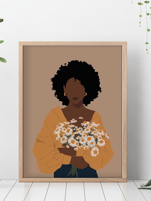 Quadro decorativo boho mulher com flores girassol bela