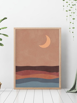 Quadro decorativo boho lua e mar decoraçao