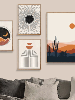 Kit 4 quadro decorativo decora boho lua sol arco e deserto
