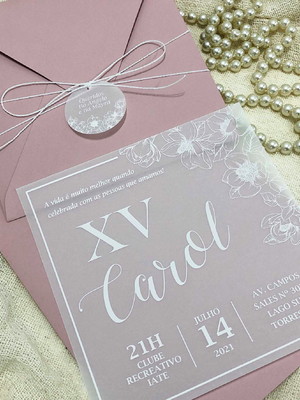 Convite 15 anos rosé com vegetal em branco