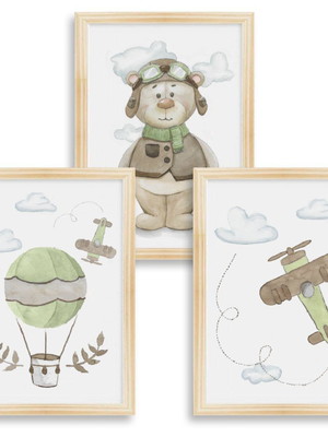 Conjunto de 4 quadros em aquarela - urso aviador verde