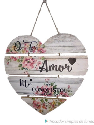 Placa decorativa coração frases sortidas em mdf e sisal