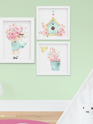 Quadro infantil quarto bebê menina flores jardim aquarela