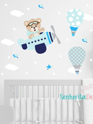 Adesivo de parede quarto de meninos urso aviador p ssaros