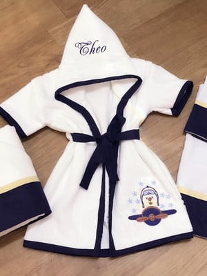 Roupao bebê , toalha de banho e kit fralda urso aviador