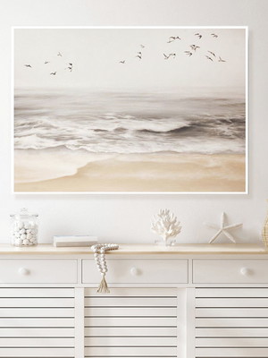 Quadro decorativo praia mar pássaros aquarela contemporâneo