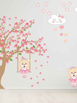 Adesivo de parede ursinhas princesa no balanço menina decora