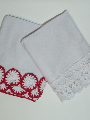 Pano de prato crochê vermelho e branco kit com 2 un