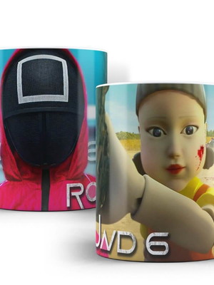 Caneca round 6 squid game boneca xícara round 6 boneca