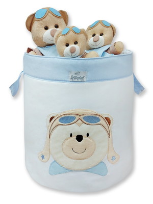 Cesto organizador de brinquedos urso aviador azul