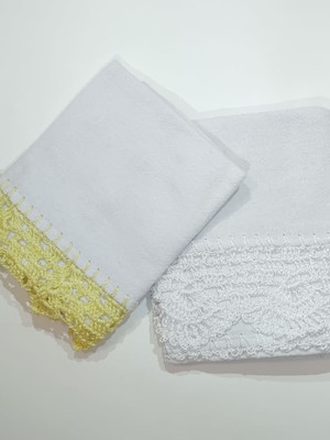 Pano de prato crochê amarelo e branco kit com 2 unidades