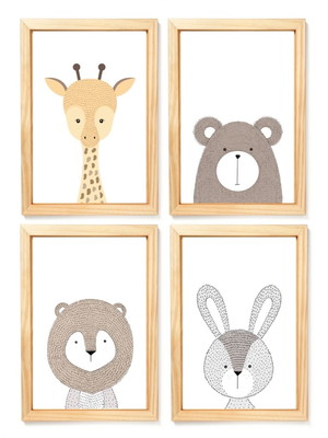 Kit com 4 quadros decorativos infantil animais escandinavos