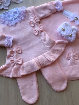 Kit saída maternidade menina vestido rosa tricot 6 peças