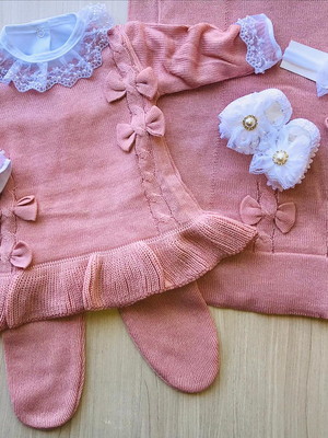 Saída de maternidade menina vestido rosê tricot completa