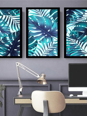 Kit 3 quadros decorativos botânicos folhas azuis com moldura