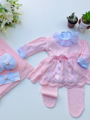 Saída de maternidade menina vestido rosa tricot completa