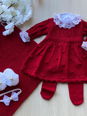 Kit saida maternidade menina vermelha vestido tricot 6 peças