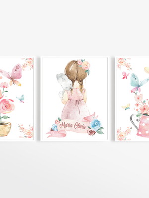 Kit quadros decorativos menina jardim aquarela