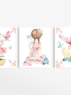 Kit quadros decorativos menina jardim aquarela
