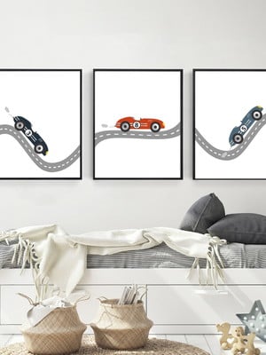 Kit 3 quadros decorativos infantil carros corrida maluca