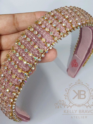 Tiara luxo strass e crystais rosê