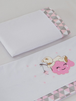 Jogo de lençol mini berço bordado ursa nuvem rosa 03 peças