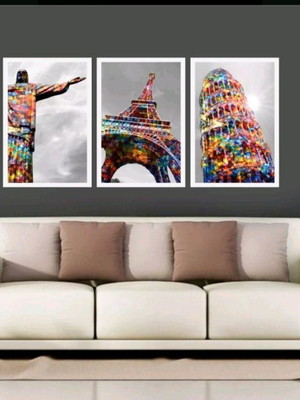 Kit 3 quadros cristo torre eiffel torre de pisa com moldura